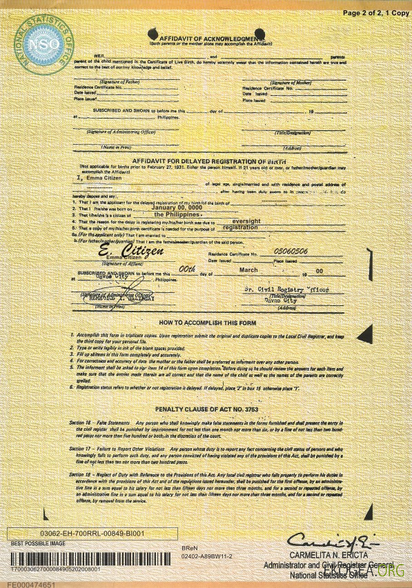 Modèle d'acte de naissance des Philippines au format PSD